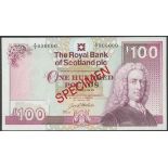 Royal Bank of Scotland plc. specimen £100, 28 January 1992, serial number A/1 000000, (PMS RB10...