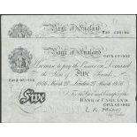 Bank of England, P.S. Beale/L.K. O'Brien, £5 (2), July 1952/March 1956, serial number Y30 02519...