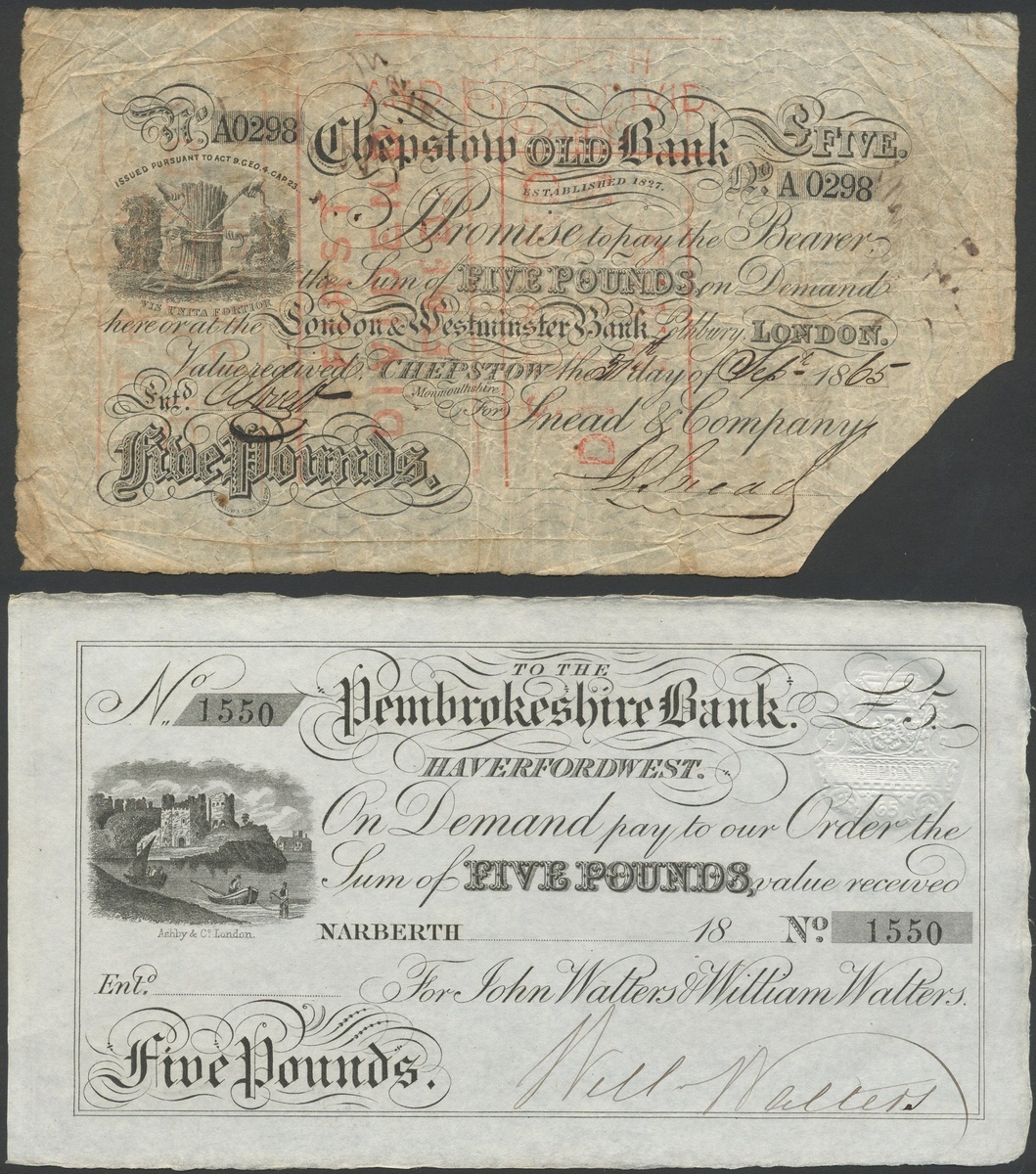 Chepstow Old Bank (Snead & Company), £5, 31 September 1865, serial number 16914, (Outing 499b,...