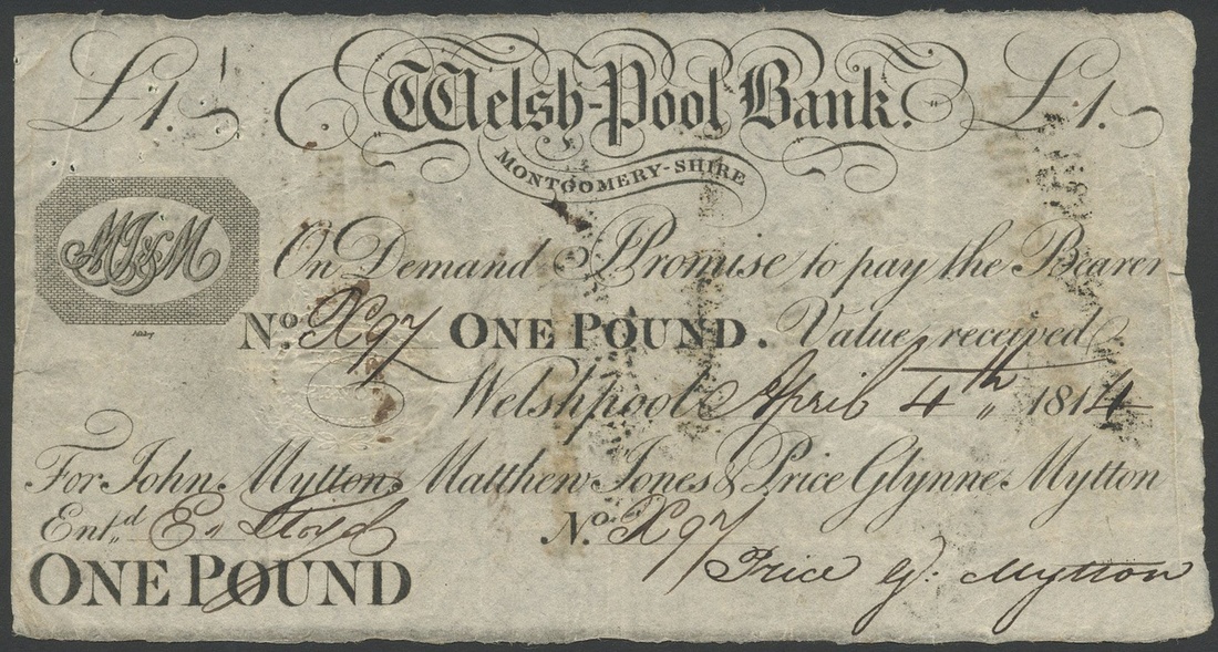 Welshpool Bank, Montgomeryshire, Mytton, Jones & Mytton £1, 4 April 1814, serial number X97, (O...
