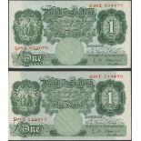 Bank of England, L. K. O'Brien, replacement £1 (2), 1955, serial number S99S 824070, S01T 51049...