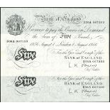 Bank of England, L.K.O'Brien, £5 (8), London, 1 August 1956, serial numbers D56A 067353-360, (E...