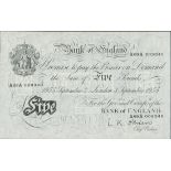 Bank of England, L K O'Brien, £5, London, 1955, prefixes A69A and B58A, (EPM B270),