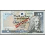 Royal Bank of Scotland plc. specimen £5, 22 June 1988, serial number A/25 000000, (PMS RB86s,),