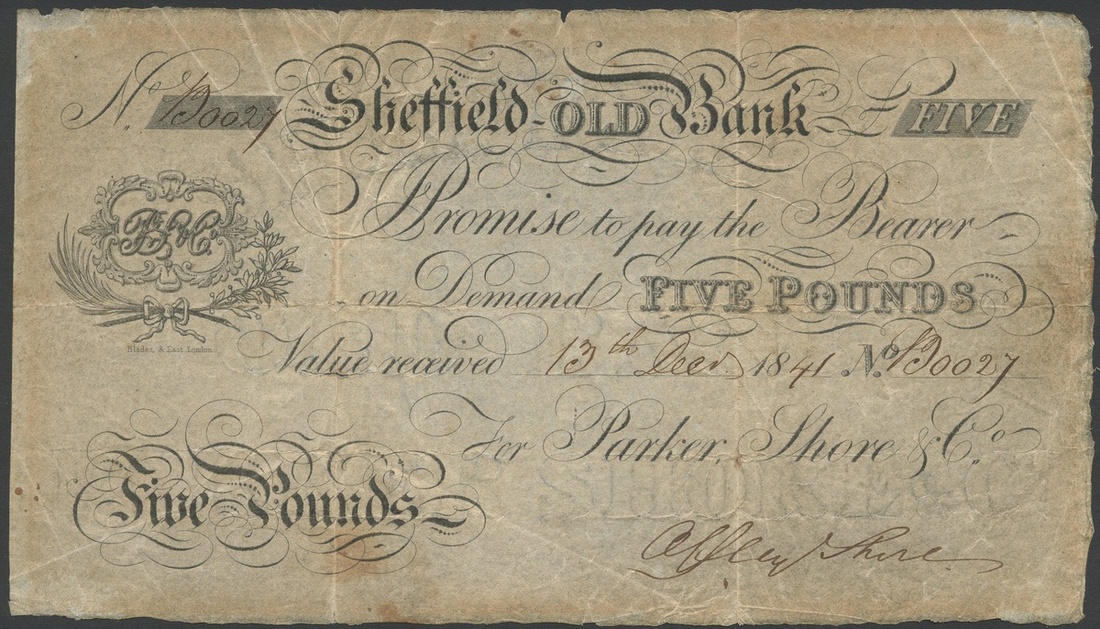 Sheffield Old Bank, Parker, Shore & Co., £5, 13 December 1841,serial number B 0027, (Outing 192...