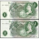 Bank of England, J. S. Fforde, consecutive £1 (19), ND (1967), serial number W43C 968501-19, (E...