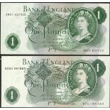 Bank of England, J. B. Page, £1 (2), serial number AN01 621922, HZ63 897883 (EPM B322),