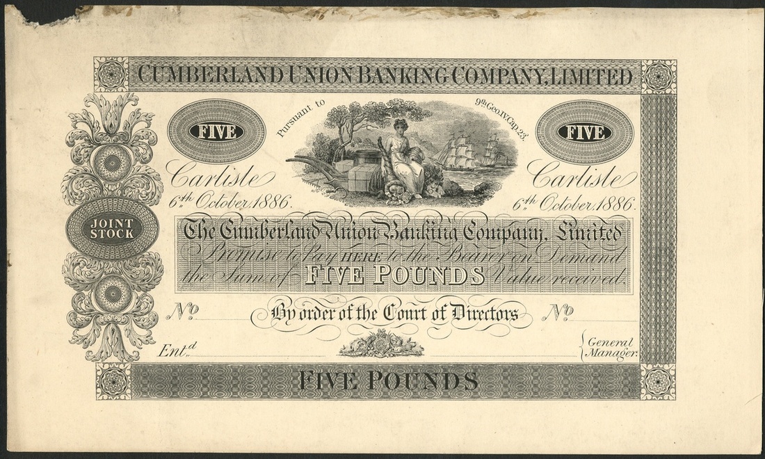 Cumberland Union Banking Company Limited, proof £5 on card, Carlisle, 6 October 1886, (Outing 4...