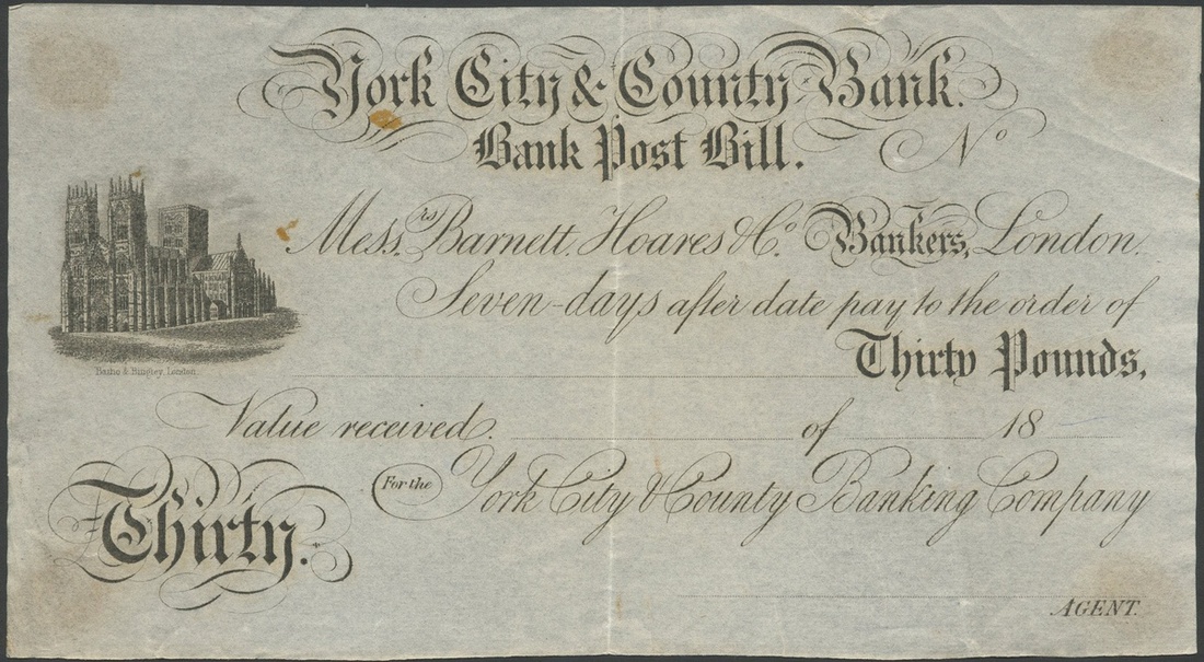 York City and County Bank, unissued post bill for £30, 18-, (Outing 1647b, 841b),