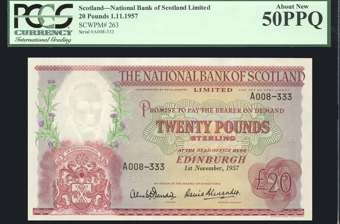 National Bank of Scotland Limited, £20, 1st November 1957, serial number A008-333, (Banknote Ye...