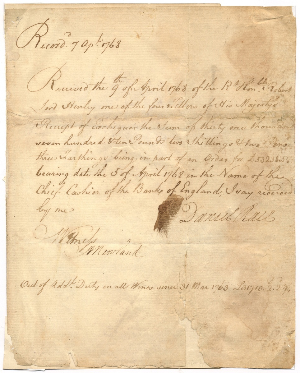 Daniel Race, a document dated 7 April 1768