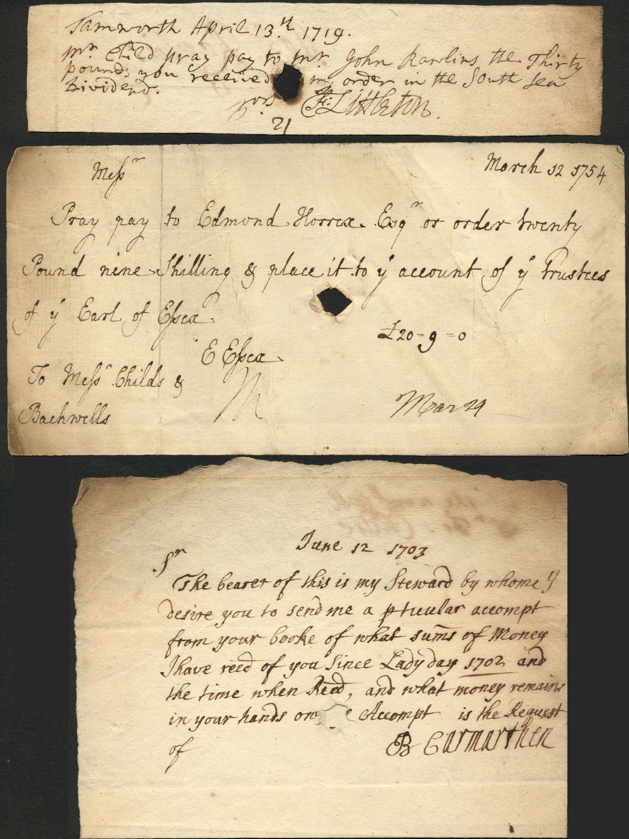 South Sea Company, a request to Mr Child to pay £30 from the South Sea dividend to John Rawlins...