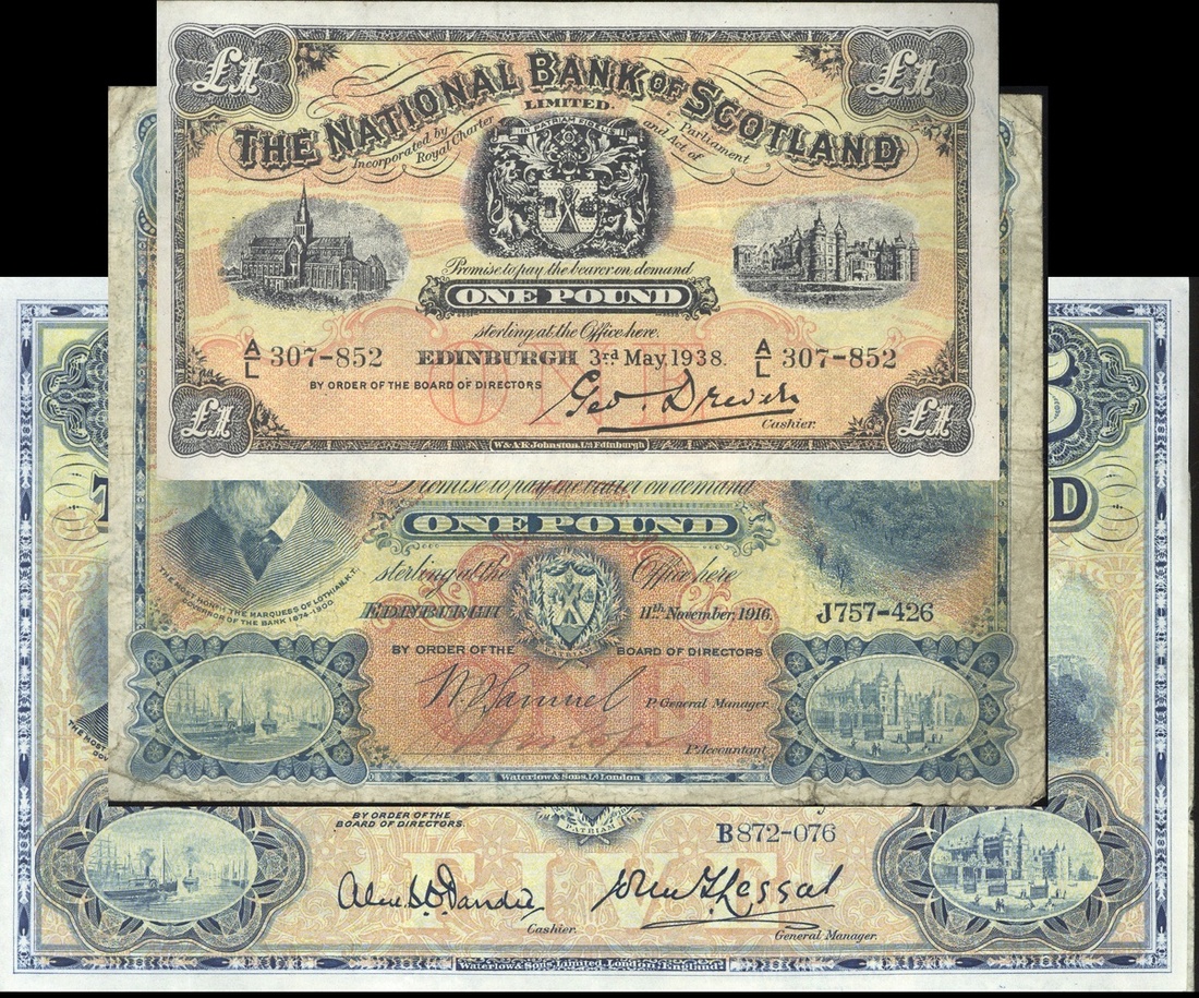 National Bank of Scotland Limited £1 (3), 1916, 1929, 1938, prefixes, J, A/C, A/L, £5 (2), 1944...