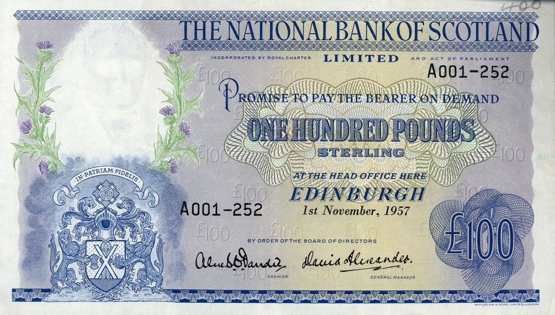 National Bank of Scotland Limited £100, 1 November 1957, serial number A001-252 (PMS NA70, Bank...