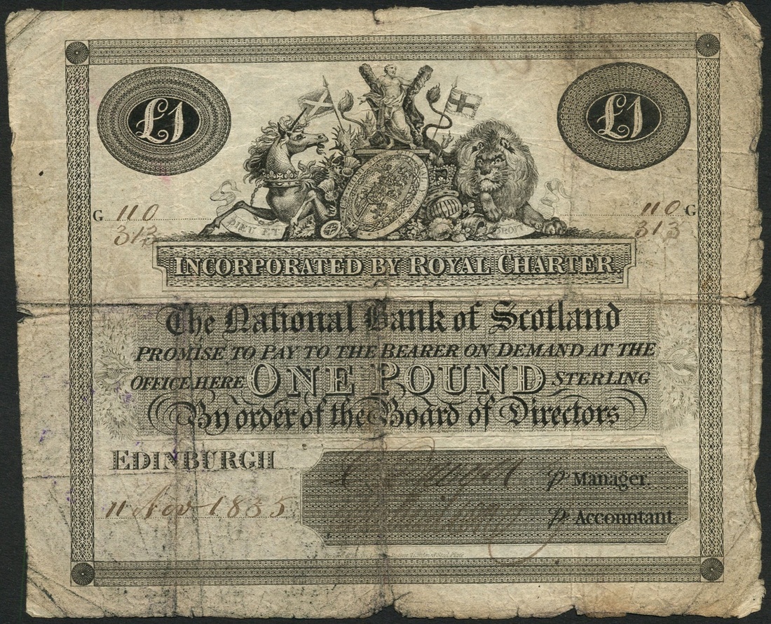 National Bank of Scotland Limited £1, 11 November 1835, serial number G 110/313 (PMS NA7a, Bank...