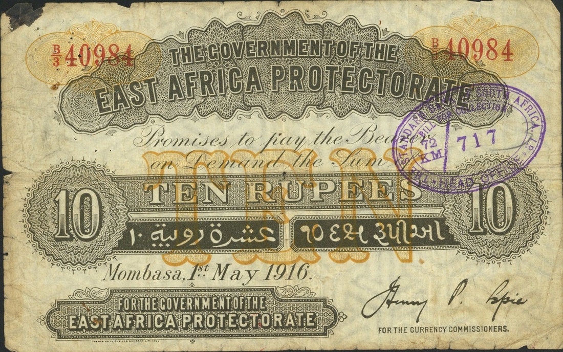 East African Protectorate, 10 rupees, Mombasa, 1 May 1916, red serial number B/3 40984, (Pick 2...