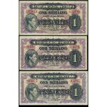 East African Currency Board, 1 shilling (3), Nairobi, 1 January 1943, red prefixes A/2, A/64 an...