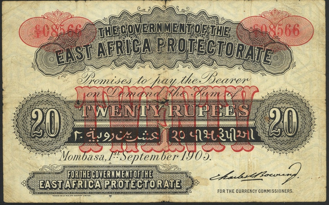 East African Protectorate, 20 rupees, Mombasa, 1 September 1905, red serial number C/1 08566, (...