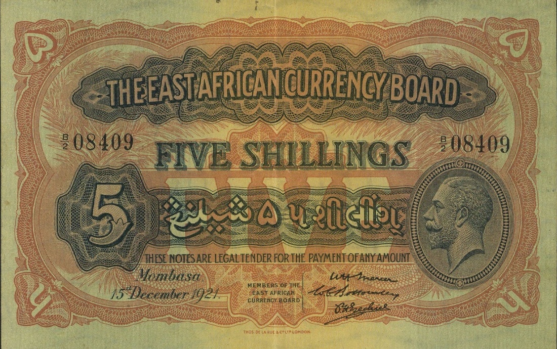 East African Currency Board, 5 shillings, 15 December 1921, serial number B/2 08409, (Pick 13,...