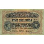 East African Currency Board, 5 shillings, Nairobi, 1 January 1938, serial number L/4 28943, (Pi...