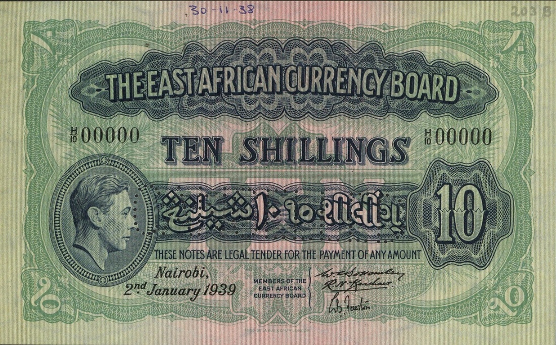 The East African Currency Board, a printers archival specimen 10 Shillings, 2 January 1939, ser...