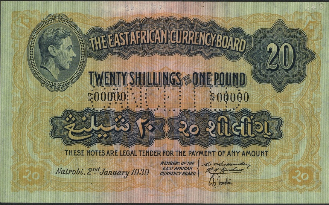 East African Currency Board, a printers archival specimen 20 shillings, Nairobi, 2 January 1939...