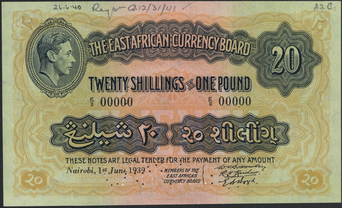 East African Currency Board, a printers archival specimen 20 Shillings, 1 June 1939, serial num...
