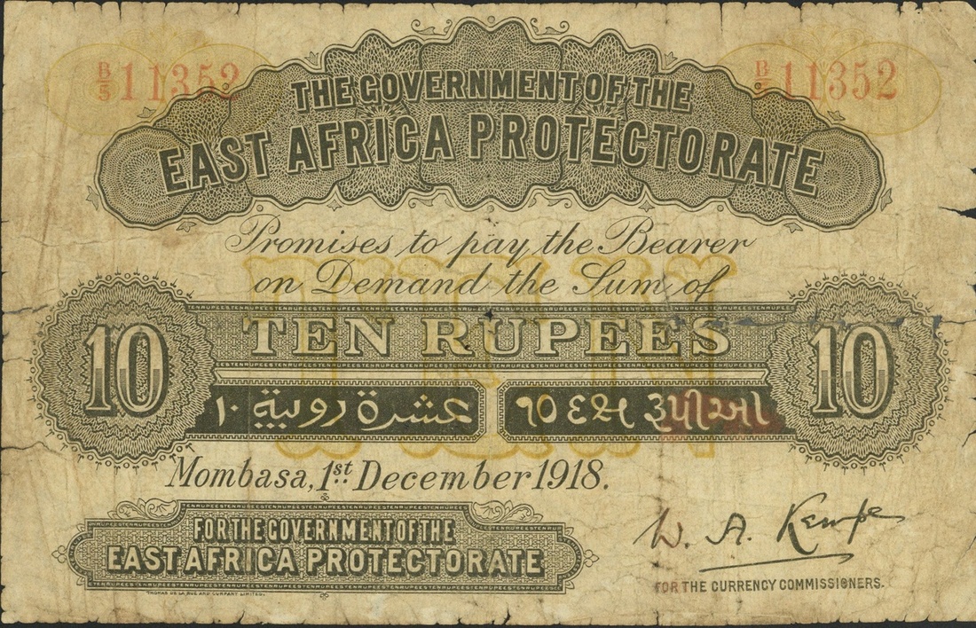 East African Protectorate, 10 rupees, Mombasa, 1 December 1918, red serial number B/5 11352, (P...