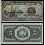 Bolivia. Banco Central de Bolivia / Banco de La Nacion Boliviana Overprint. 5 Bolivianos. ND (1...