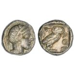 Athens. AR Tetradrachm, ca. 454-404 BC. 17.21 gm. Helmeted head of Athena, rev. A?E, Owl standi...