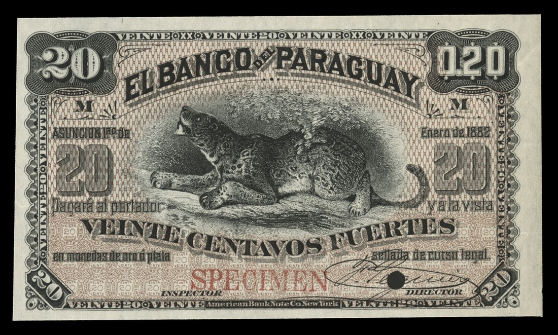 Paraguay. El Banco de Paraguay. 20 Centavos. 1882. S123s. Black on brown. Jaguar. SPECIMEN in r...