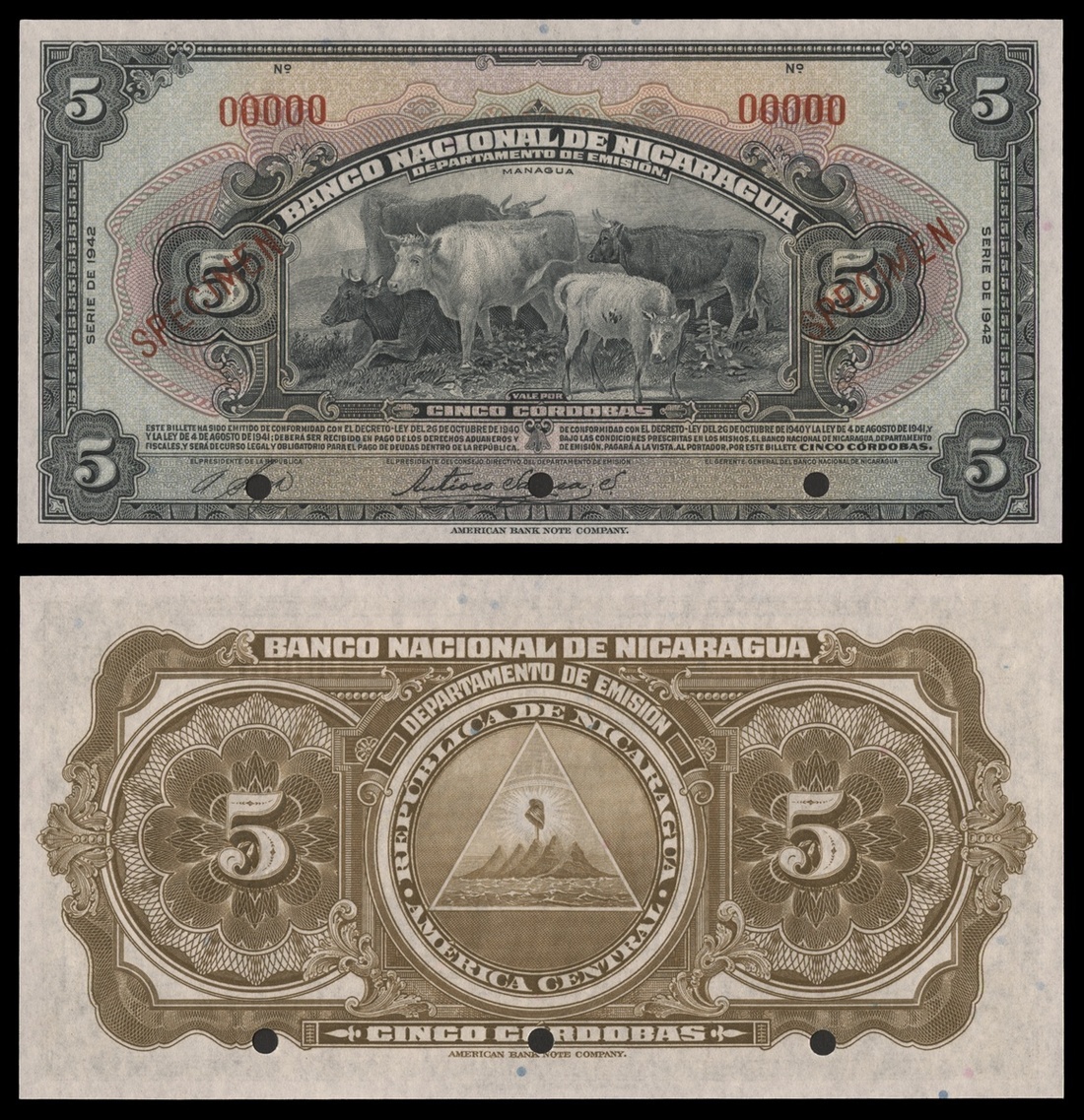 Nicaragua. Banco Nacional de Nicaragua. 5 Cordobas. 1942. P-93s. Gray on multicolor. Cattle. 00...