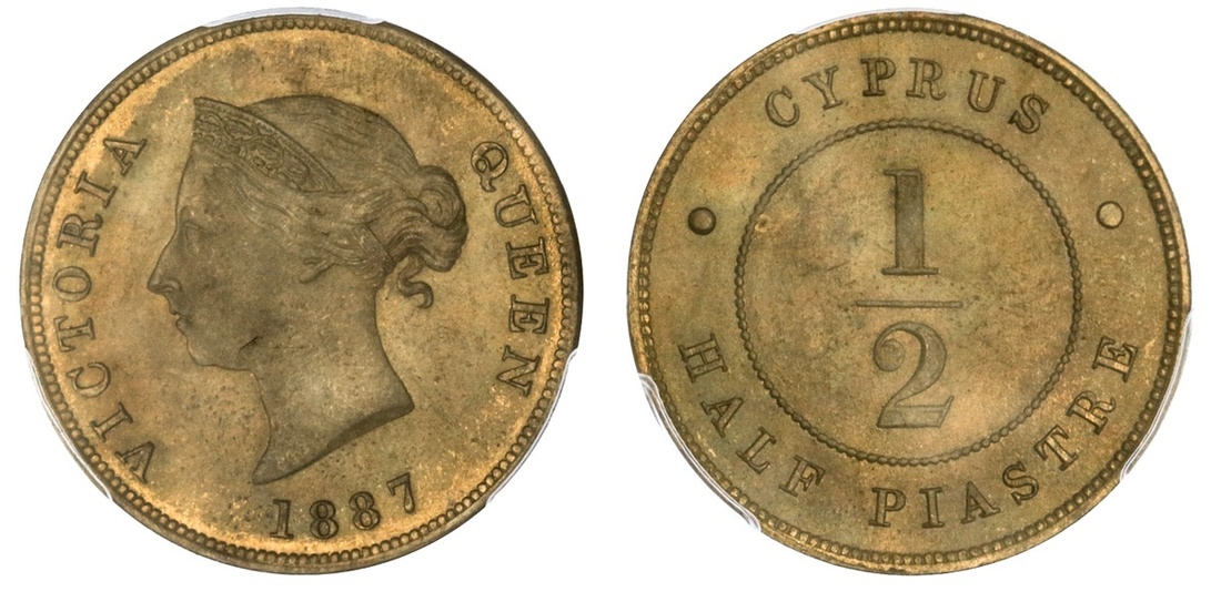 Cyprus, Victoria (1837-1901). 1/2 Piastre, 1887. Young diademed head left, rev. value in circle...