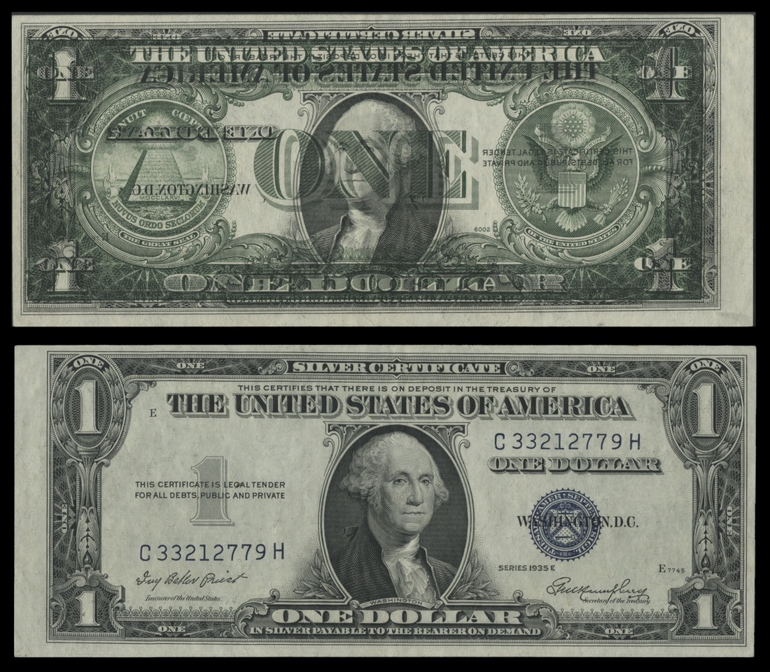 Error Note. $1 1935E Silver Certificate. Offset printing, front to back. The note is also misal...