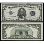 Fr.1654. $5. Silver Certificate. 1934D. Lincoln. Blue seal. Wide I. No. R0000006A J. PMG. Very...