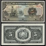 Bolivia. Banco de La Nacion Boliviana. 5 Bolivianos. May 11, 1911. P-106s. Black on tan, blue u...