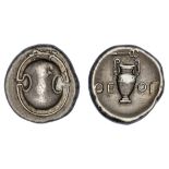 Boeotia. Thebes. AR Stater, ca. 395-338 BC. 12.08 gms. Boeotian shield, rev. Amphora, ?EO? acro...