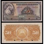 Nicaragua. Banco Nacional de Nicaragua. 50 Cordobas. 1929. P-68s1. Purple on multicolor. Two wo...