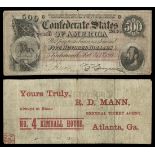 CSA. T-64. $500. Feb. 17, 1864. Cr. 489. PF-2. No.26360. D. Stonewall Jackson. Pink underprint....