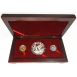 China. People's Republic. 1990 3-Piece Panda Set -- 1/10 oz. gold; 1/10 oz. platinum; 1 oz. sil...