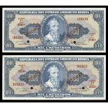 Brazil. Pair of Republica dos Estados Unidos do Brazil P-173s 1000 Cruzeiros Specimen Notes. No...