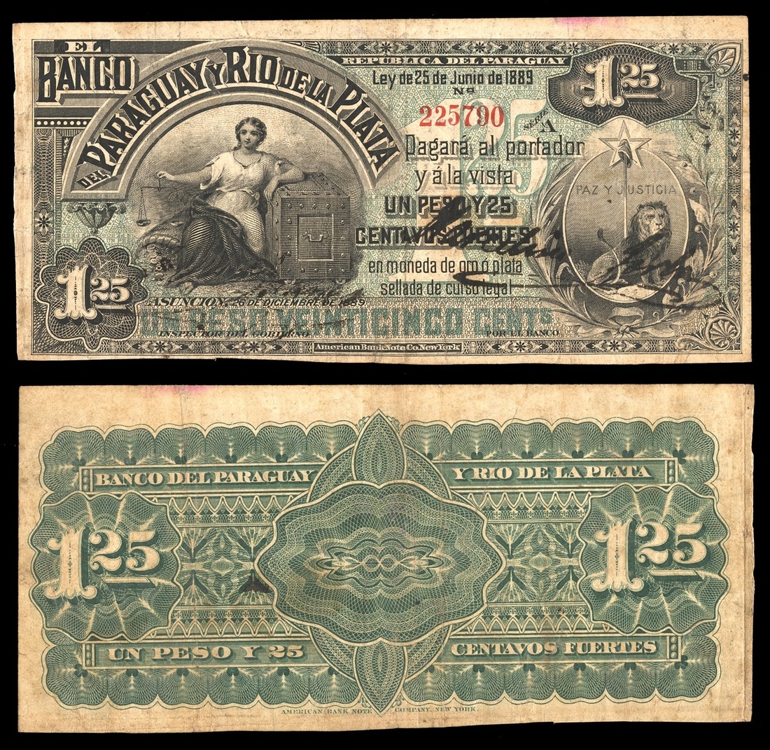 Paraguay. El Banco del Paraguay y Rio de la Plata.1 peso 25 centavos, 25 June 1889, red serial...