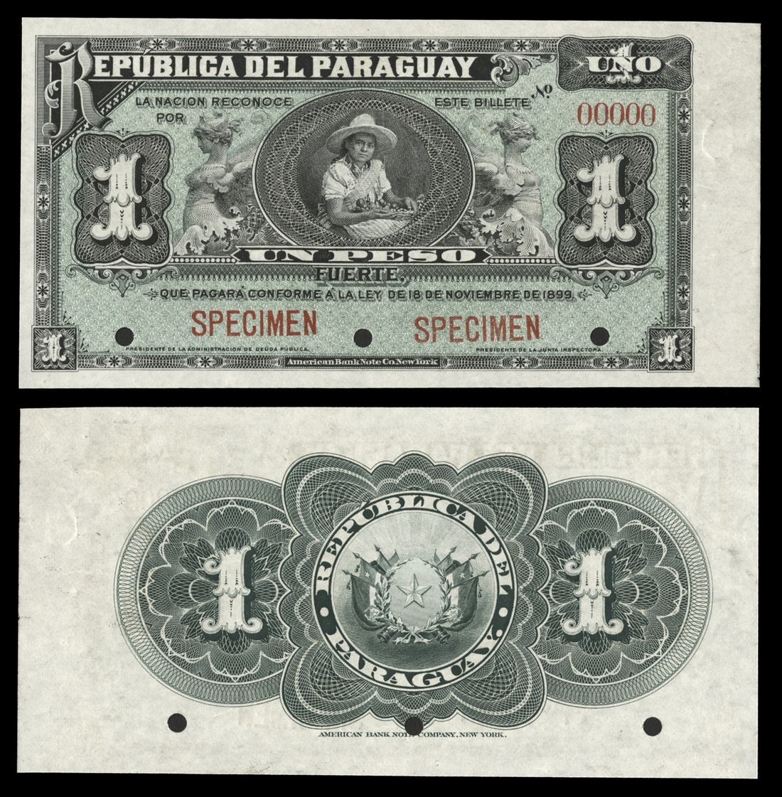 Paraguay. Republica del Paraguay. 1 Peso. 1899. P-96s. Black on green. Woman In straw hat with...