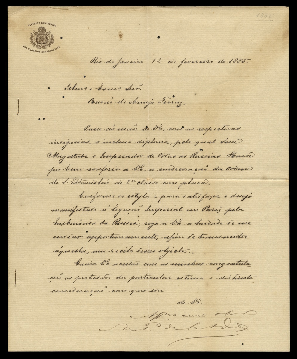 Russia / Brazil. Documents relating to the confirming of the Order of St. Stanislaus to Barão A...