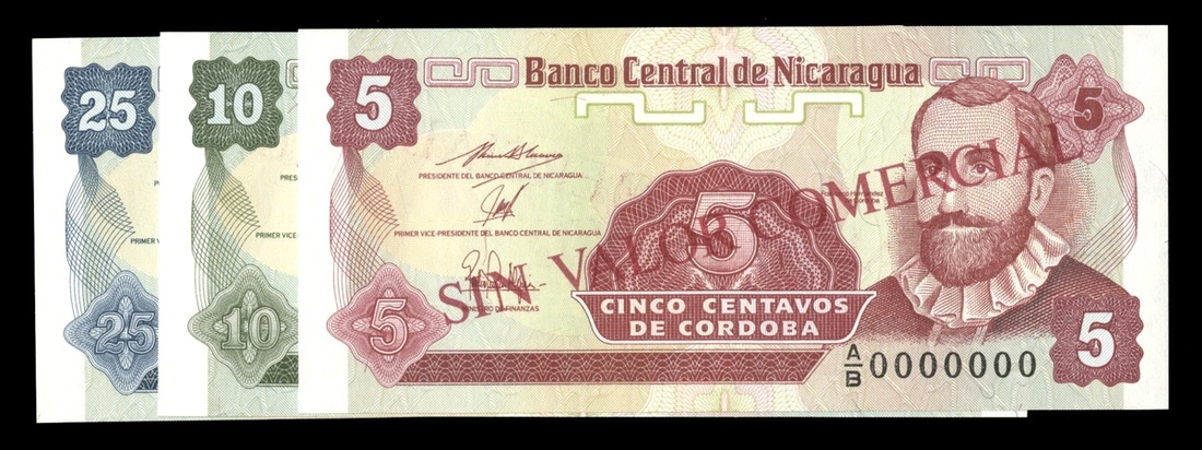 Nicaragua. Banco Central de Nicaragua. Trio of Early 1990s SPECIMEN Notes -- 5, 10 and 25 Centa...