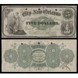 Louisiana. New Orleans. City of New Orleans. $5. January 1, 1863. Two women, one standing, one...