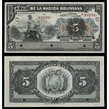 Bolivia. Banco de La Nacion Boliviana. 5 Bolivianos. May 11, 1911. P-105s. Black on tan, blue...