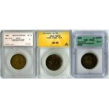 Hard Times Token Trio. 1834 HT-9 "DOWN WITH THE BANK" ANACS AU 55; 1837 "EXECUTIVE EXPERIMENT"...