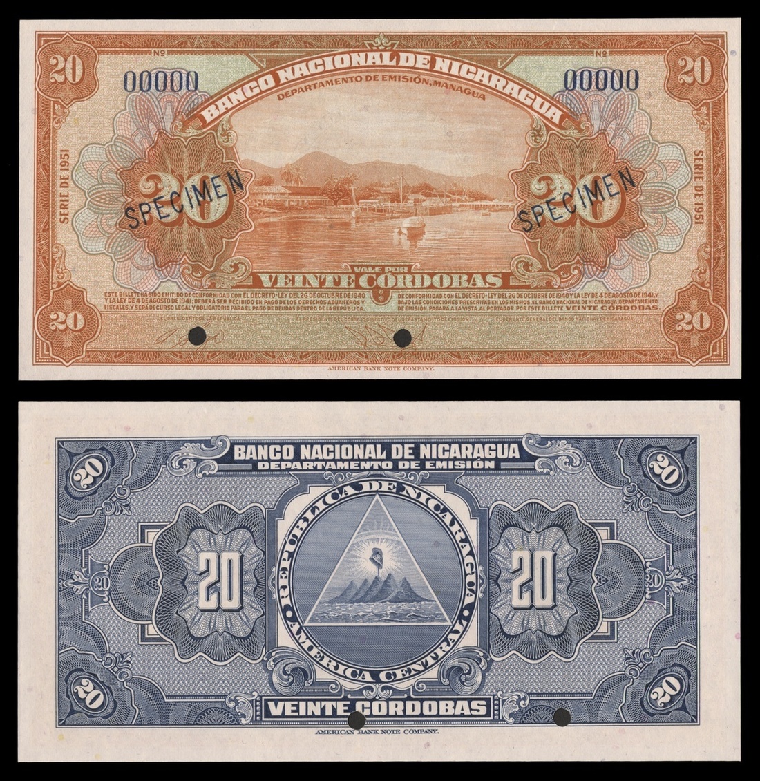 Nicaragua. Banco Nacional de Nicaragua. 20 Cordobas. 1951. P-95s2. Orange on multicolor. Port o...