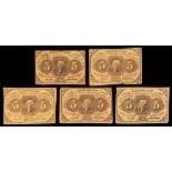 Fr.1230 Fractional Currency Grouping. First Issue 5 Cents, monogram. F-VF(5), two with paper c...